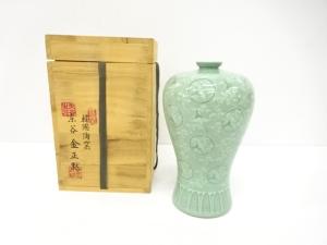 韓国陶窯　東谷金正黙造　高麗青磁　鶴　花瓶